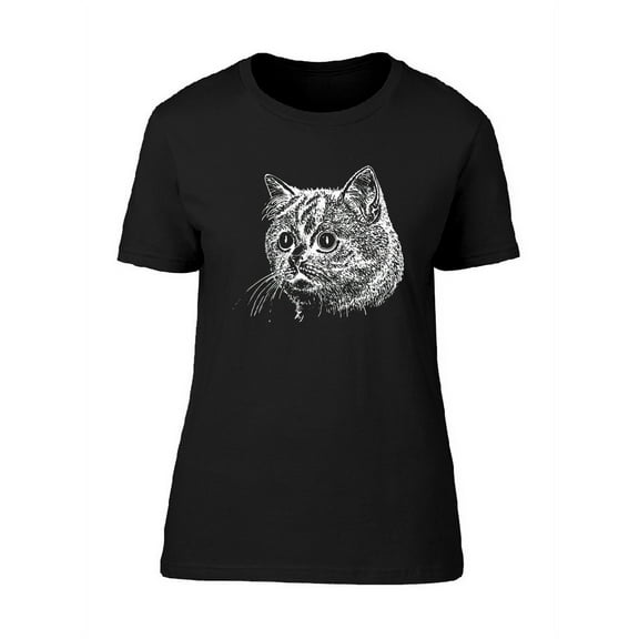 Cute Vintage Kitten Whtie Sketch T-Shirt Women -Image by Shutterstock, Female Large
