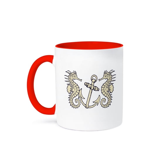 3dRose, Cute Vintage Seahorses and Ships Anchor Design, 11oz Two-Tone Red Mug