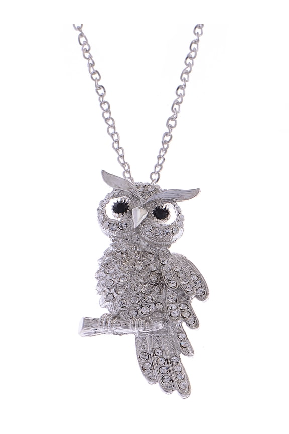 Cute Vintage y Tone Owl on Branch Bird Clear Color Crystal Animal Pendant Necklace