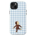 thumbnail image 1 of Cute Walking Curious Monkey Phone Case, Blue Gingham Pattern Cartoon iPhone Cover for iPhone 17 16 15 14 13 12 11 Plus Pro Max Mini, 1 of 6