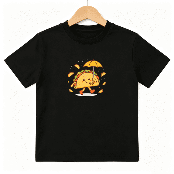 Cute Walking Taco with Umbrella Girls Graphic Tee Funny Food Lover 100% Cotton Kids Short Sleeve T-Shirt 4-13Y