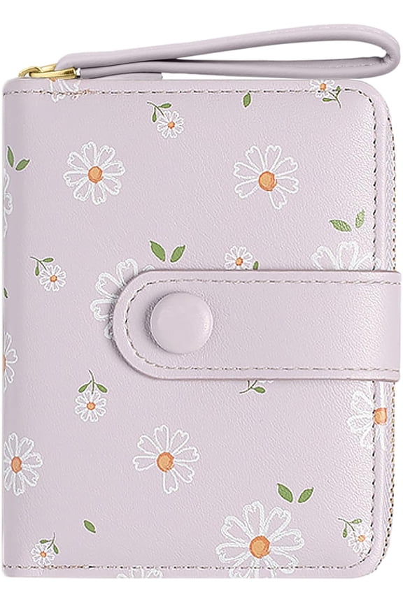 Cute Wallet Women Blue Girls Wallet Women's Small Wallets Flower Design Women's Travel Wallets Leather Credit Card Holder with ID Window Kawaii Cash Wallet for Women Ladies and Girls