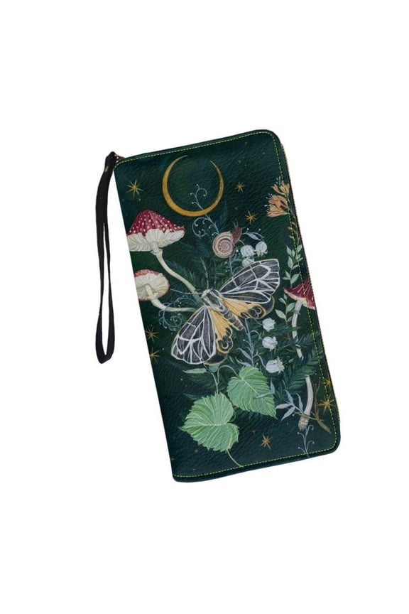 Cute Wallet for Womens Mushroom Moon Butterfly Print Around Zip Long Purse RFID Blocking Leather Card Holder Clutch Bag