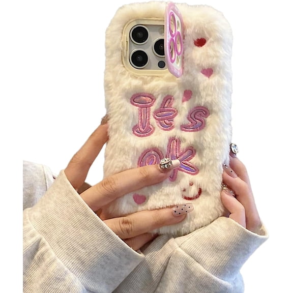 Cute Warm Plush Furry Fluffy Phone Case for iPhone (White,iPhone 14 Pro Max)