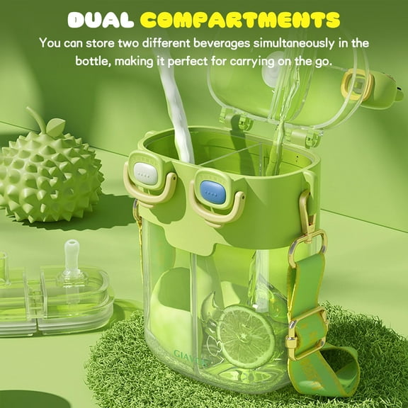 Cute Water Bottle for Kids: 26oz Kawaii Water Bottle for Girls, Funny Bear Water Bottles with Straw and Strap, Dual Compartments Leak-Proof Plastic Drinking sCup for School Sport Travel (Purple)