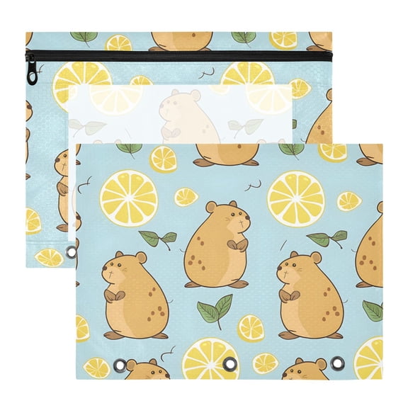 Cute Water Hogs Leaves Lemons 3-Ring Binder Pouches A4 Size Zipper Pocket File Storage 2 Packs