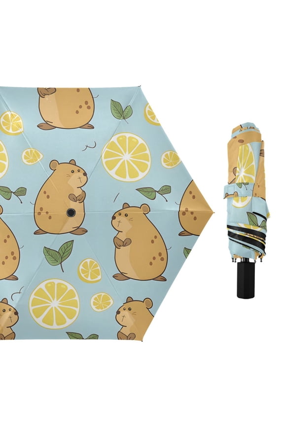 Cute Water Hogs Leaves Lemons All Weather Umbrella Triple Folding Parasol 6 Ribs UV Protection Portable