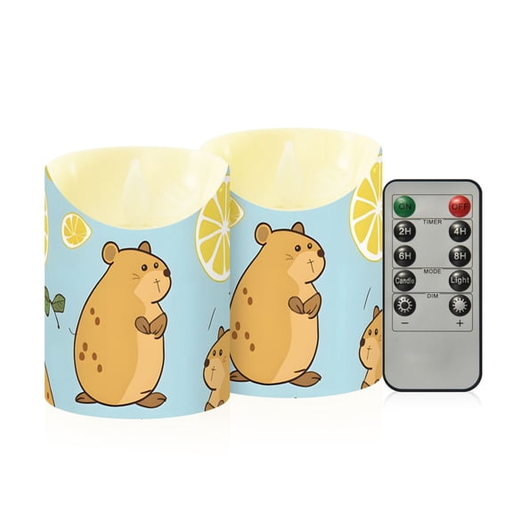 Cute Water Hogs Leaves Lemons Flickering Flameless Candles with Remote Timer Battery Operated LED Tealight Set of 2 M
