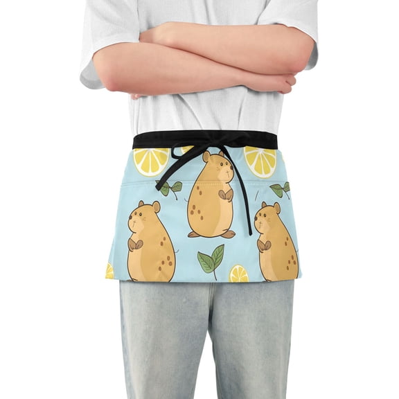 Cute Water Hogs Leaves Lemons Short Server Apron with 3 Pockets for Unisex Chef Gardening