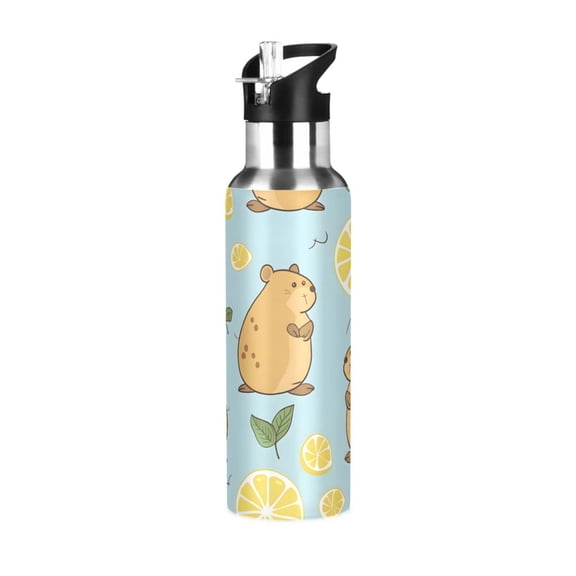 Cute Water Hogs Leaves Lemons Sports Bottle with Straw Stainless Steel Water Jug Portable Thermal Cup Leak-proof 600ML