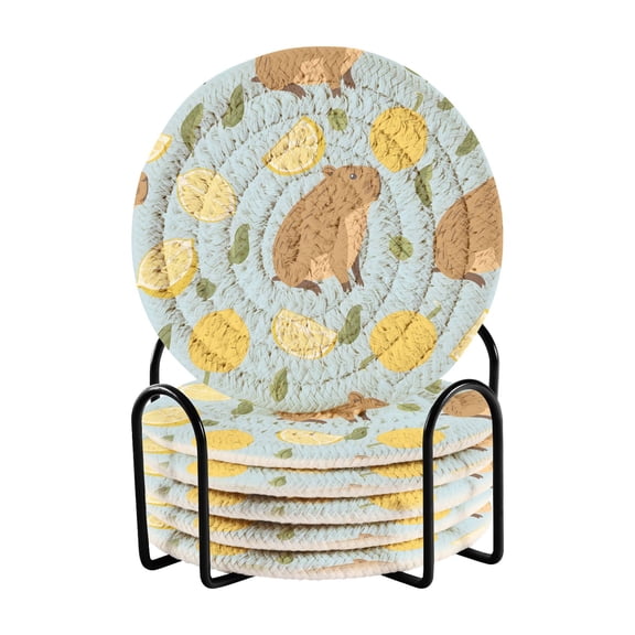 Cute Water Hogs Leaves and Lemons Drinking Coasters Cup Mat with Holder for Kitchen Cafe Bar 6 Packs