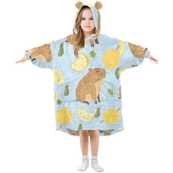 Cute Water Hogs Leaves and Lemons Flannel Wearable Blankets Hooded Design Long Sleeves Wrap Unisex for 3T-14Y S