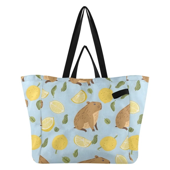 Cute Water Hogs Leaves and Lemons Foldable Canvas Tote Bags Reusable Grocery Bags Laundry Bags Beach Bag 32L