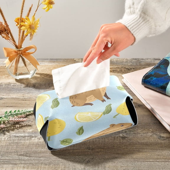 Cute Water Hogs Leaves and Lemons Leather Tissue Box Cover Rectangle Tissue Holder Foldable