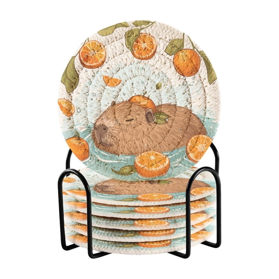 Cute Water Hogs Swims Oranges Leaves Drinking Coasters Cup Mat with Holder for Kitchen Cafe Bar 6 Packs