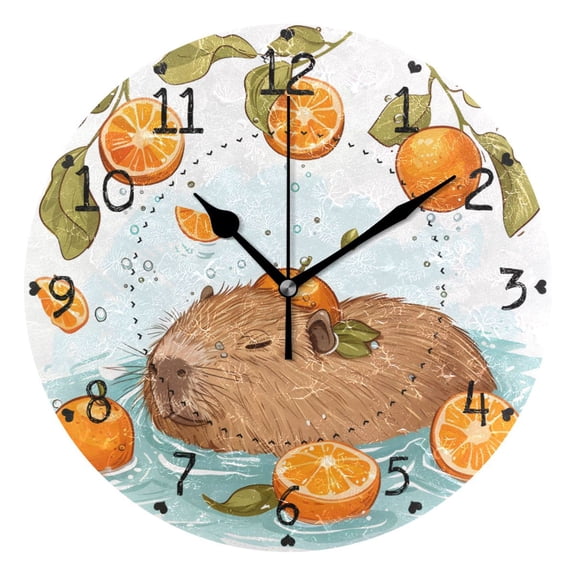 Cute Water Hogs Swims Oranges Leaves Round Wall Clock Silent Analog Battery Operated Black Pointer Home Decor 9.84" Diameter