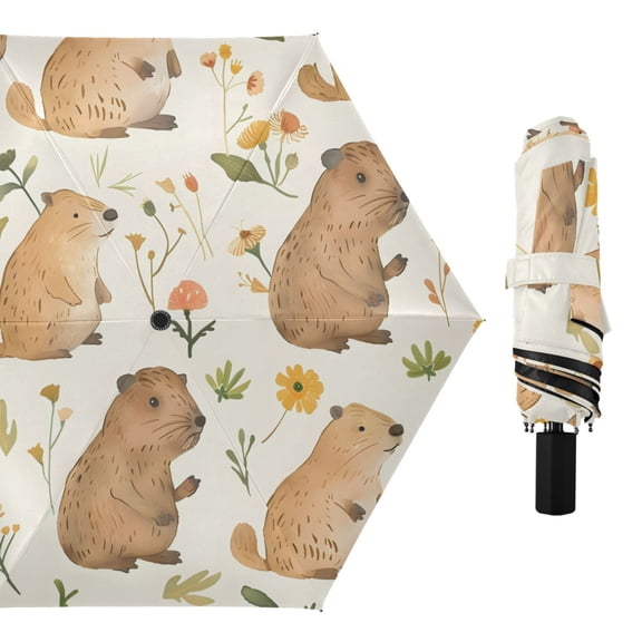 Cute Water Hogs with Flowers Leaves All Weather Umbrella Triple Folding Parasol 6 Ribs UV Protection Portable