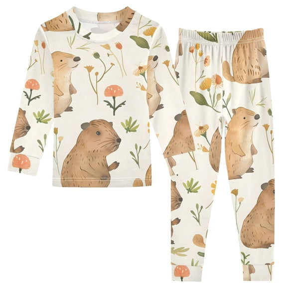 Cute Water Hogs with Flowers Leaves Cotton Pajama Set Long Sleeve Top and Pants Sleepwear Unisex 6Y