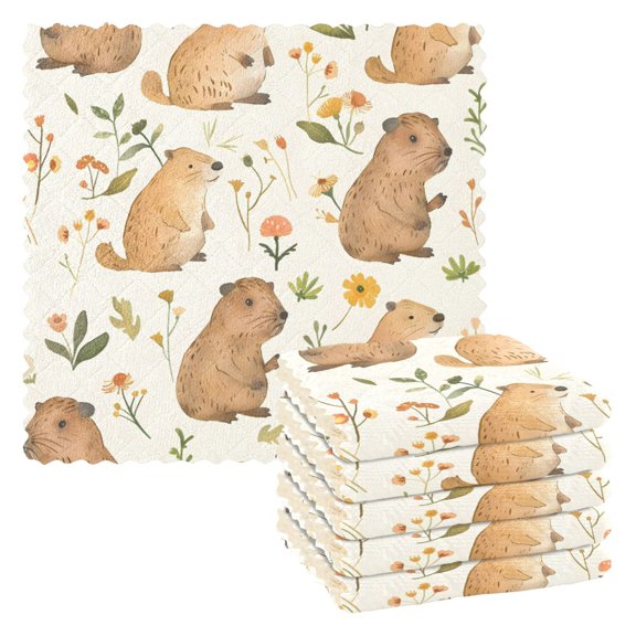Cute Water Hogs with Flowers Leaves Dish Cloths Dish Towels Cleaning Cloths Quick Drying Reusable 11" x 11" Set of 6