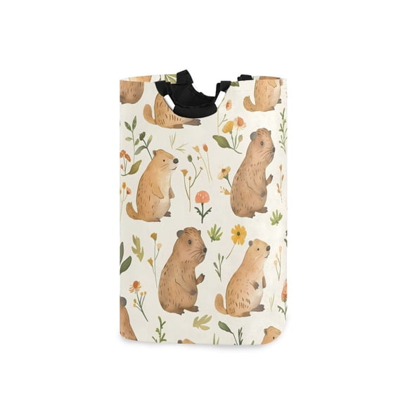 Cute Water Hogs with Flowers Leaves Laundry Basket with Handles Foldable Laundry Hamper Freestanding Washing Bin 50L