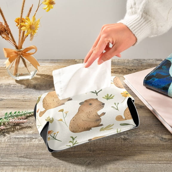 Cute Water Hogs with Flowers Leaves Leather Tissue Box Cover Rectangle Tissue Holder Foldable