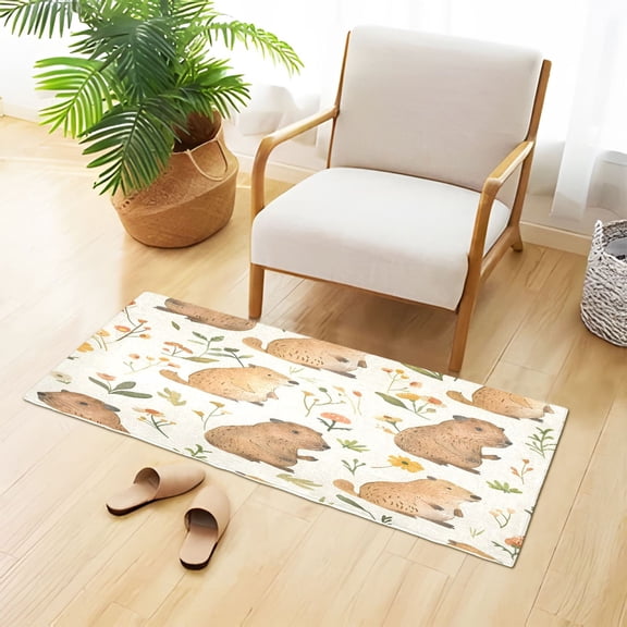 Cute Water Hogs with Flowers Leaves Plush Carpet Non Slip Runner Rug Absorbent Bath Mat 39" x 20"