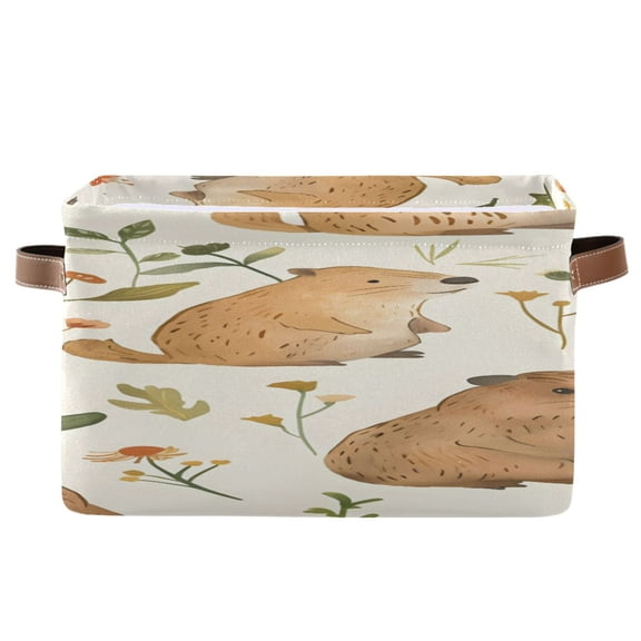 Cute Water Hogs with Flowers Leaves Square Storage Bins with Handles Collapsible Containing Box 1 Pack