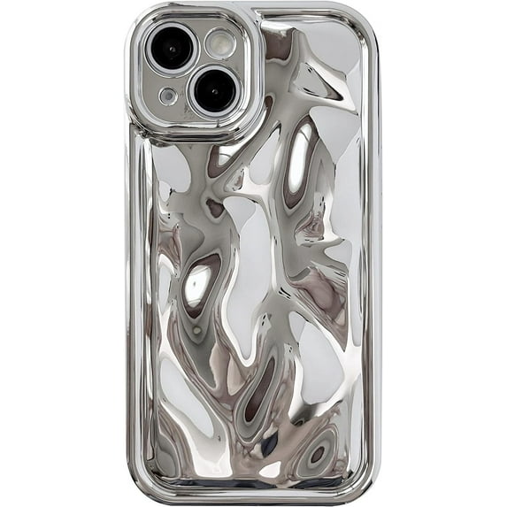 Cute Water Ripple Shape Chrome Plating Electroplated Camera Lens Protection Soft Compatible with iPhone Case (Light Silver,iPhone 15 Plus)