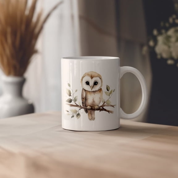 Cute Watercolor Barn Owl on Branch Ceramic Mug, Barn Owl Coffee Cup, Adorable Owl Tea Cup, Barn Owl Gift, Owl Present, oz & oz.
