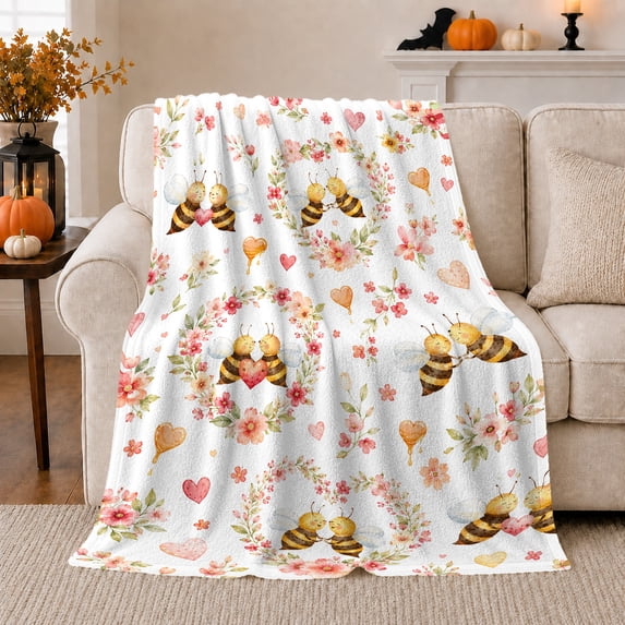 Cute Watercolor Bee Heart Design, Cozy Playful Scene, Warm Flannel Blanket for Home Library and Reading Nook, Art Lovers Valentine's Day Gift, Playful Home Decor
