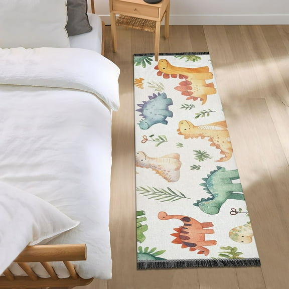 Cute Watercolor Dinosaur Bedroom Runner Rug 2'x 6' Non Slip Carpet Indoor Home Area Rug Living Room
