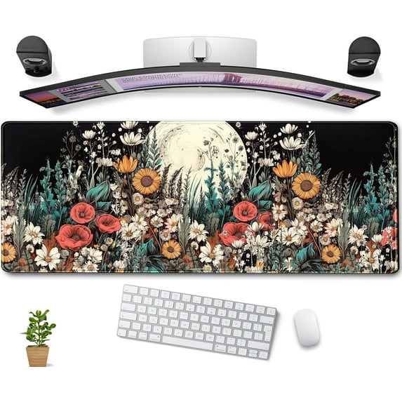 Cute Watercolor Floral Desk Pad Mouse Pad Full Moon Daisy Desk Mat XL Large Extended Anime Gaming Mousepad 31.5''x11.8'', Aesthetics Women Office Decor Matt Keyboard Mouse Mat with Stitched Edges