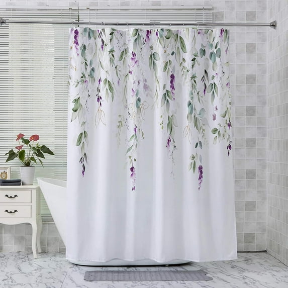 Cute Watercolor Floral Shower Curtain Sets,Blue Botanical Leaves Bathroom Curtains,Modern Minimalist White Bath Curtain, Waterproof Fabric with 12 Hooks 72x72 Inches