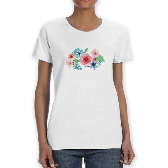 Cute Watercolor Flower Wreath Graphic Women White T-Shirt, Female Medium