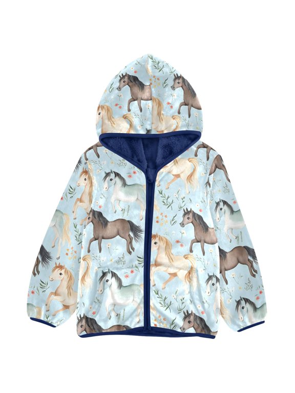 Cute Watercolor Horse Toddler Fleece Hooded Jacket Zip Warm Coat 3T