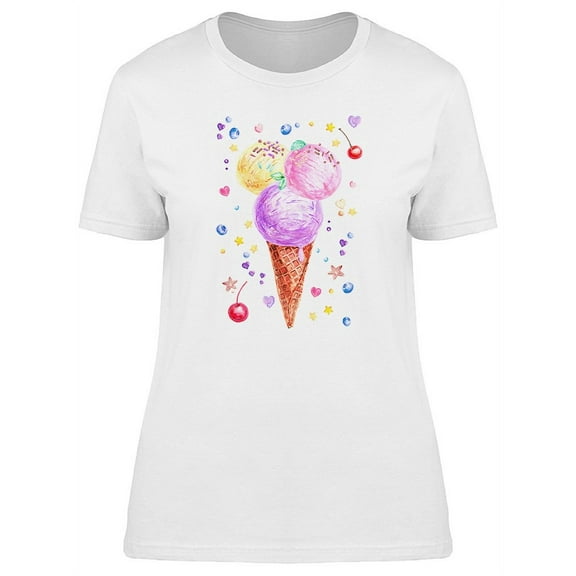 Cute Watercolor Ice Cream Cone T-Shirt Women -Image by Shutterstock, Female Large