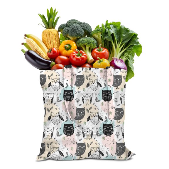 Cute Watercolor Owl Tote Bag – Hand-Drawn Cartoon Owl with Big Eyes & Night Sky – Boho Fantasy Canvas Bag for Owl Lovers