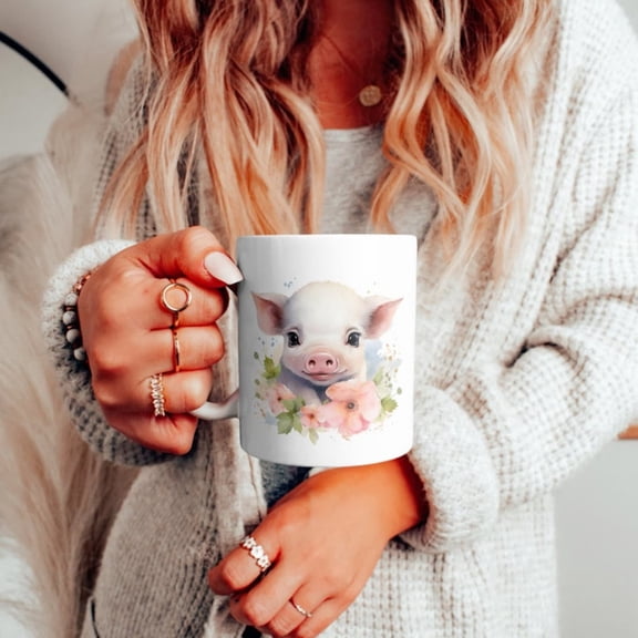 Cute Watercolor Piglet & Flowers Ceramic Mug, Adorable Pig Coffee Cup, Piglet Floral Tea Cup, Pig Owner Mug, Pig Lover Gift Mug.