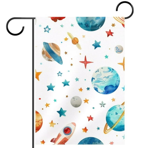 Cute Watercolor Planets and Stars Pattern Double Sided Garden Flag Decorative Weather Resistant Yard Flag, Large DIY Vertical Flag for Farmhouse Patio Lawn, 28x40 Inch