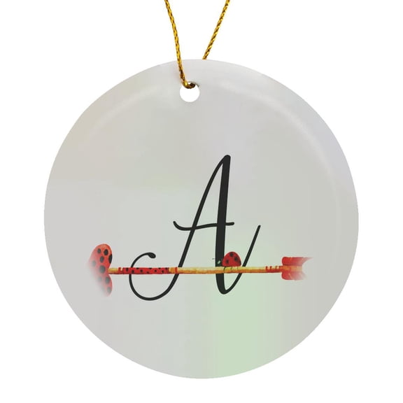 3drose, Cute Watercolor Red and Black Ladybug Heart Arrow Monogram A, Circle Porcelain Ornament