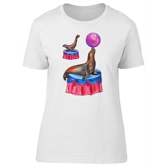 Cute Watercolor Sea Lions Circus T-Shirt Women -Image by Shutterstock, Female Medium