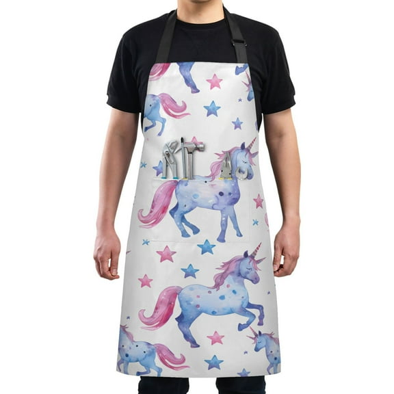Cute Watercolor Unicorn Kitchen Apron with 2 Pockets Adjustable waterproof Cooking Aprons for Women Men Chef