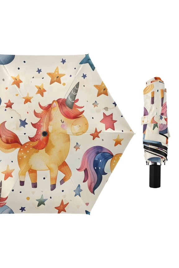 Cute Watercolor Unicorns Stars All Weather Umbrella Triple Folding Parasol 6 Ribs UV Protection Portable