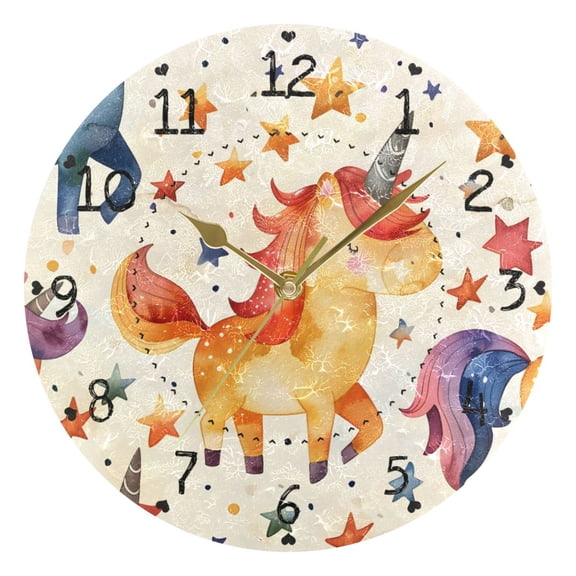 Cute Watercolor Unicorns Stars Round Wall Clock Silent Analog Battery Operated Gold Pointer Home Decor 9.84" Diameter