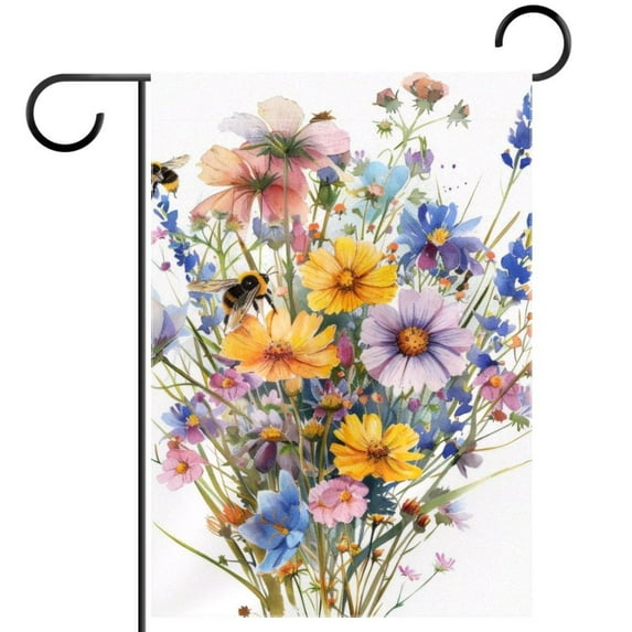 Cute Watercolor Wildflowers and Bee Bouquet Decorative Garden Flag for All Seasons, 12 x 18 Inch Small Vertical Double Sided Outside Decoration for Yard Farmhouse