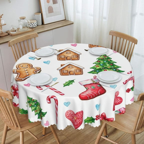 Cute Watercolor Xmas Cookie Motif Round Tablecloth Waterproof Oil Proof Spill Proof Table Cloth 70" for Camping, Dining, Indoor and Outdoor Table Cover