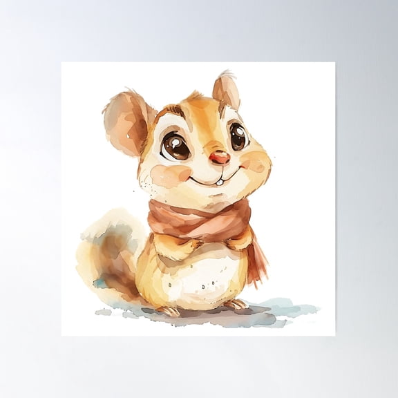 Cute Watercolour Chipmunk With Scarf Poster Wall Art, Modern Wall Decor For Living Room Bedroom, 17x17 UNFRAMED