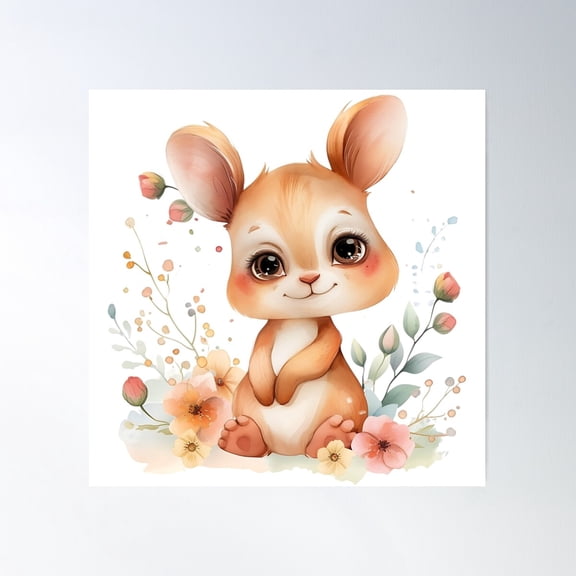 Cute Watercolour Squirrel With Flowers Poster Wall Art, Modern Wall Decor For Living Room Bedroom, 16X16 UNFRAMED