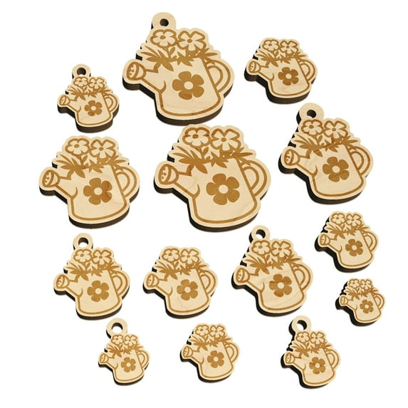 Cute Watering Can with Flowers Wood Mini Charms Shapes DIY Craft Jewelry - With Hole - 16mm (22pcs)