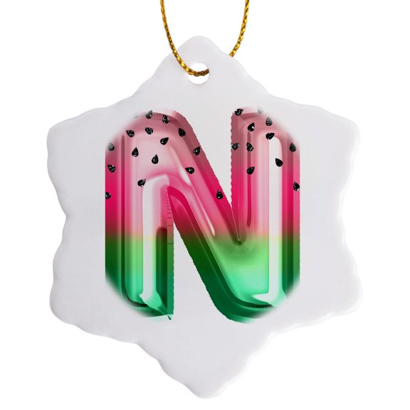 3drose, Cute Watermelon Image of Balloon Monogram Initial N, 3 inch Snowflake Porcelain Ornament